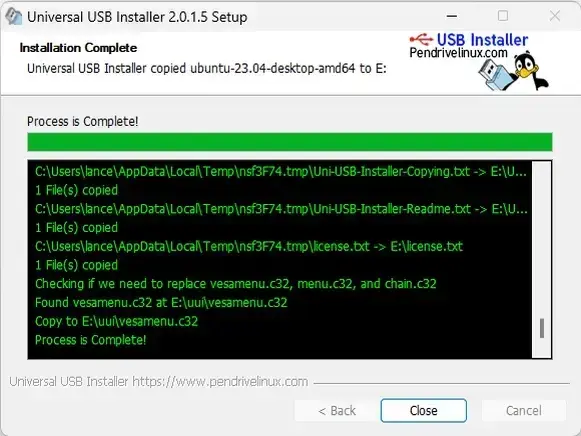 Universal USB Installer - copying ISO to USB