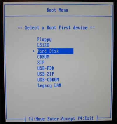 Boot Menu - Setting the Boot First Device