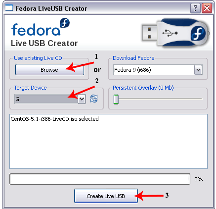 Install Centos to USB using the Fedora Live USB creator
