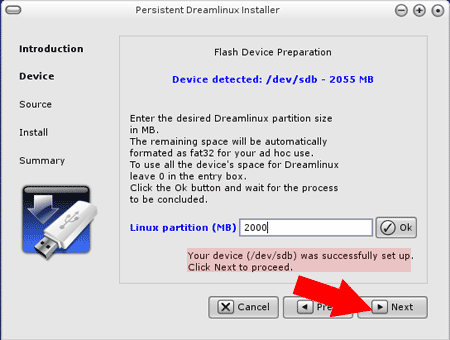 Once Dreamlinux partition has been created, click Next