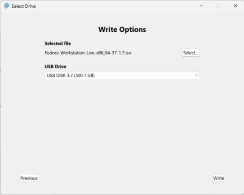 Fedora Media Writer - Select USB Drive