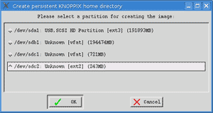 Knoppix USB Persistent… Storage device selection